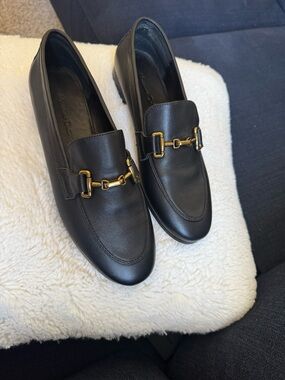 Massimo Dutti Black Leather Loafers with Gold Horsebit Hardware